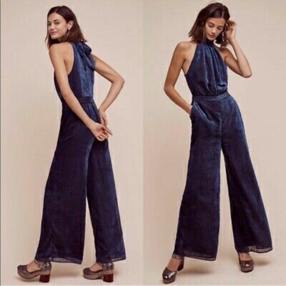 Anthropologie Pants - Anthropologie Elevenses Nova Blue Velvet Jumpsuit